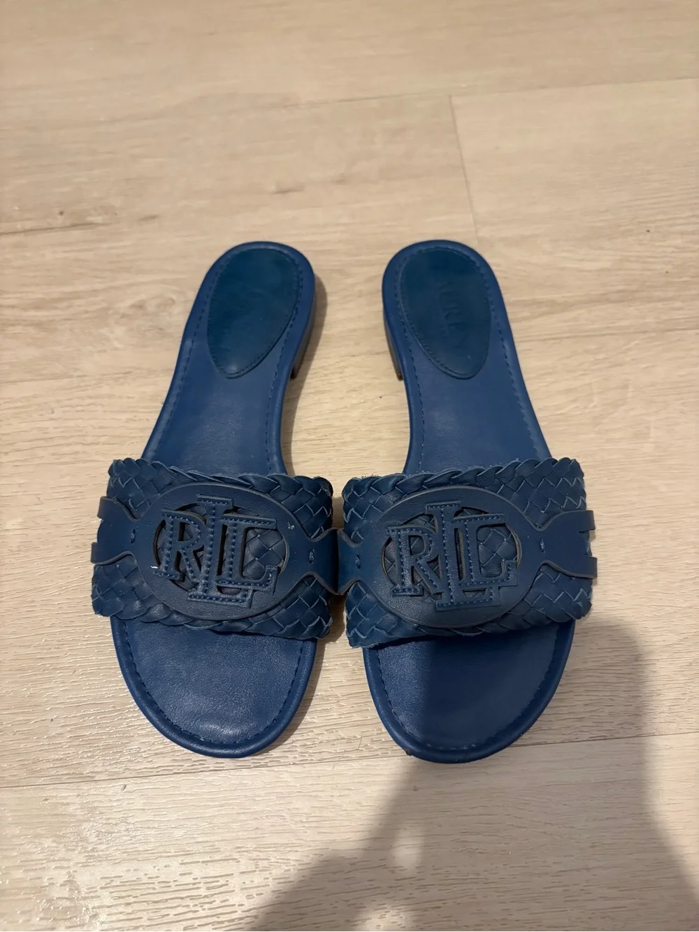 Ralph Lauren Blue Braided RL Logo Leather Slide Sandals